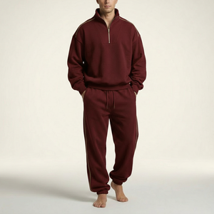 Conjunto Deportivo de Algodón Color Granate, Unisex, Corte Holgado, con Cierre de Cremallera, Fabricante OEM ODM - Product Image 1