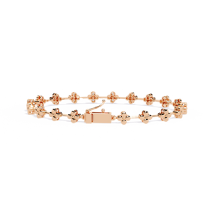 Élégant bracelet à maillons en or rose 10k 14k 18k avec motif floral en diamants et motifs de fleurs à quatre pétales faits à la main - Product Image 2