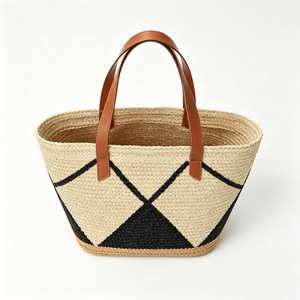 Customized Geometric diamond line woven straw tote <b>bag</b>, contrast graphic straw <b>basket</b> shopper, trapezoid woven tote - Product Image 1