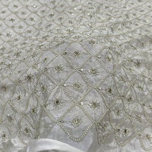 Beaded Embroidery Silk Fabric Wholesale Supplier Beaded Work Silk Fabric Manufacturer India Embroidered Silk Fabric with Beads - Product Image 2