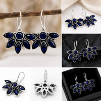 Última Colección de Pendientes Clásicos de Latón Plateado en Plata Antigua con Cristal Azul Natural, Engaste en Bisel, para Mujer, Aniversario, Venta al Por Mayor