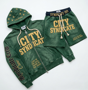 Custom Men's green Vintage Washed Breathable Winter Patch Zip Hoodie Shorts <b>Set</b> Heavyweight Cotton Streetwear OEM Private Label - Product Image 1