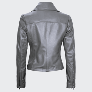 Women's Genuine Leather Moto <b>Jacket</b> Stand Collar Full Sleeve Zipper Closure Autumn Solid Color <b>Biker</b> <b>Jacket</b> - Product Image 4