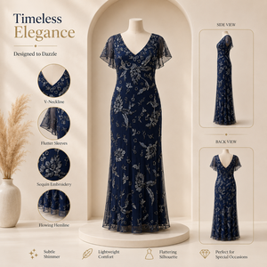 Women Navy Blue Floral <b>Sequin</b> Maxi Dress V Neck Sheer Flutter Sleeve Embellished Evening Gown Wedding Party Prom Formal Elegant - Product Image 5