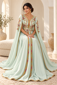 Caftan algérien long en velours prune Mishkat Couture avec manches cape fluides et ceinture brodée pour femme, idéal pour les fêtes d'hiver - Product Image 4