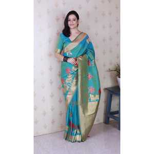 Sari de Seda Suave Azul Aqua Elite Weaves con Tejido Kamdhenu y Zari, Vestido de Fiesta de 650g - Product Image 5