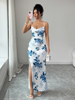 Robe élégante à bretelles, style porcelaine bleue et blanche, col halter, longueur au sol, robe maxi polyvalente