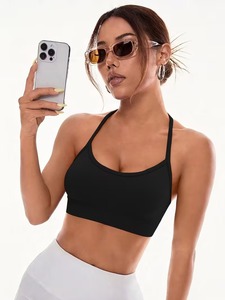 Women Open Back Criss Cross Straps Sports Bra Seamless Ribbed Fitness <b>Crop</b> <b>Top</b> Removable Pads Workout Training Gym Bra - Product Image 3