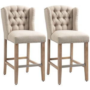 Set of 2 Counter Height Bar <b>Stools</b> 27\" Inch <b>with</b> Chrome Base Beige Tufted <b>Back</b> and Wood Legs Nailhead Trim - Product Image 1