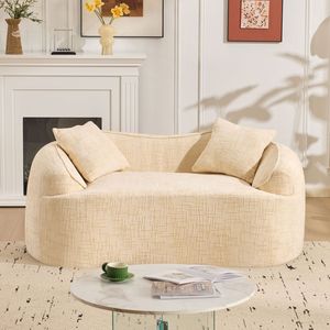Divano Curvo Beige per Due Persone con Braccioli per Appartamenti di Piccole Dimensioni, Include Due Cuscini - Product Image 3