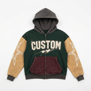 Sudadera con capucha para hombre personalizada con cremallera completa, mangas en contraste y detalles de remaches, estilo moderno y desgastado, con estampado, proveedor OEM con MOQ bajo - Product Image 2