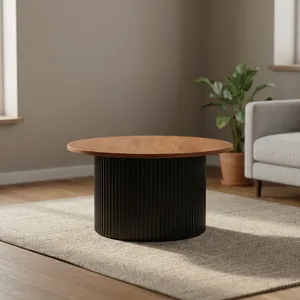 Mesa de Centro Redonda Moderna con Tapa de Madera, Base Negra Acanalada, Ecológica, con Almacenamiento, Minimalista, Fácil de Limpiar, Mueble para Sala de Estar - Product Image 2