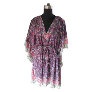 Kaftanes Cortos Estampados de Algodón Multicolor Talla Única para Playa, Vestido Dashiki Africano Tradicional con Estampado a Bloques, Asequible - Product Image 3