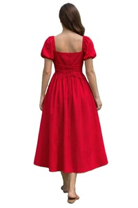 Robe midi drapée unie rouge à col en V et manches bouffantes, style doux, en tissu peigné respirant, pour l'été, les fêtes et les occasions décontractées - Product Image 6
