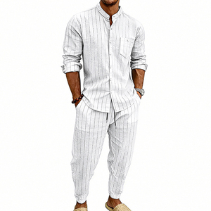 Ensemble chemise et pantalon décontracté rayé noir pour homme, tenue d'été en deux pièces tissée, tricot gaufré respirant 400g - Product Image 2