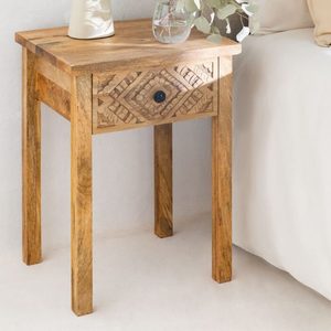 Table de chevet en bois de manguier massif sculpté, table d'appoint marron avec tiroir pour chambre à coucher, salon, hôtel - Product Image 1