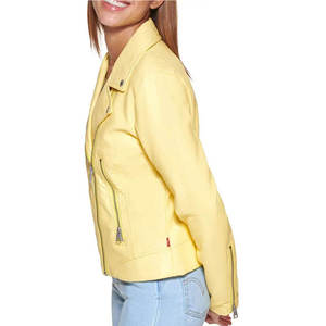 เสื้อแจ็คเก็ตหนัง PU สีเหลืองสำหรับผู้หญิง แขนยาว ปิดด้วยซิป คอตั้ง สีพื้น ใส่ได้ในฤดูใบไม้ร่วง - Product Image 5