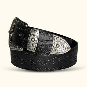 Cinturón de herramientas de cuero occidental negro grabado floral personalizado para unisex con 3 piezas de plata mate conjunto de hebilla de diseñador cinturón de herramientas - Product Image 4