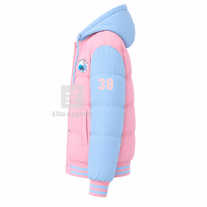 Chaqueta acolchada personalizada Jack & Jill of America con logo bordado en la parte delantera, color rosa y azul claro, manga larga, para mujer. - Product Image 4