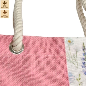 Bolsa de Playa de Yute Laminado con Diseño de Flores Silvestres Rosas, 42x33x14 cm, Logotipo Personalizado, Venta al Por Mayor, OEM - Product Image 3