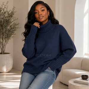Cosh International Sorority Sisterhood Acrylic <b>Navy</b> Blue Knitted Turtleneck <b>Cardigan</b> Full Sleeve Casual Solid Color Anti-Pilling - Product Image 4