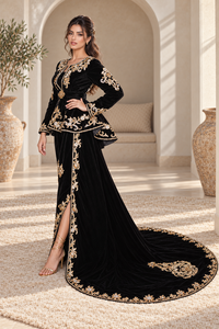 Robe Caftan Marocaine Noire Élégante avec Broderie Florale Dorée, Perles de Cristal, Ceinture Ornée de Bijoux, Ourlet Sirène, Longueur Maxi, pour Soirée - Product Image 4