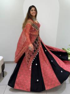 Indian Women's <b>Red</b> <b>Black</b> Printed Lehenga Choli Set Traditional <b>Wedding</b> Wear Floor-Length Polyester <b>Dress</b> Stretchable Loose Fit - Product Image 2