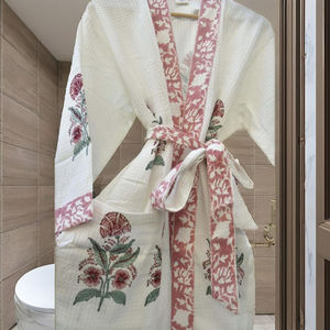 Bata de Baño Kimino para Mujer, Diseño Clásico con Estampado Floral, Manga Larga, Largo hasta la Rodilla, Textura Waffle, Suave, 100% Algodón, Diseño India Pakistán - Product Image 2