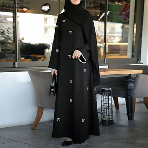 Robe longue modeste musulmane à imprimé nœud, col rond, manches longues, coupe ample, avec dentelle, Abaya islamique, Robes Hijabi Ramadan pour femme - Product Image 2
