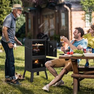 Barbecue d'extérieur à double porte avec grille amovible, grilles de fumage, 4 aérations, thermomètre, bac à charbon et bac à eau - Product Image 6