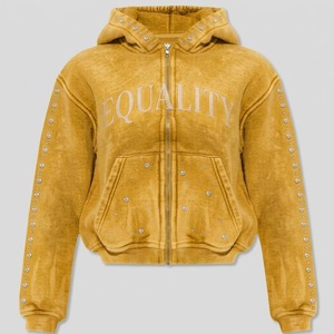 Vente en gros Sweat à capuche unisexe de haute qualité, coupe courte oversize, style zippé, délavé à l'acide, orné de strass et imprimé avec le motif 'Equality' - Product Image 5