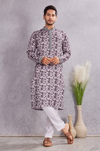 India Pakistan Style <b>Kurta</b> <b>Men's</b> Gray Printed Cotton <b>Kurta</b> Casual Wear Cotton <b>Kurta</b> for <b>Mens</b> Wedding Party Wear - Product Image 3