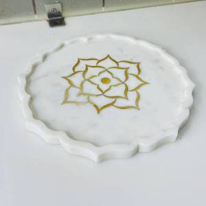 Round White Marble Decorative Plate With <b>Gold</b> Inlay Flower Design Hand painted Glam Style Wholesale Best Price - Product Image 1
