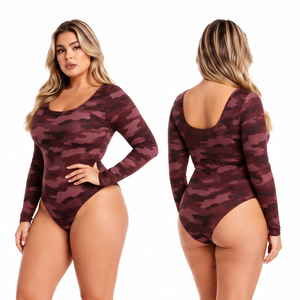 Women's Plus Size <b>Camouflage</b> Bodysuit Scoop Neck Long Sleeve Swim Suit Summer Beachwear One Piece Breathable Bathing Suit Ladies - Product Image 1