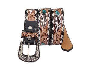 Ceinture en cuir véritable de style western, gravée d'un motif plume, boucle vintage en argent, turquoise, ceinture décontractée pour homme - Product Image 2