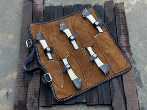 Custom Handmade Five-Piece Chef <b>Set</b> in Damascus Steel Bone+Horn Handles Durable <b>Sharp</b> <b>Knives</b> Ambidextrous Design Leather Roll - Product Image 6
