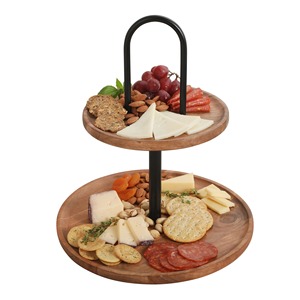 Plateau à fromage en bois à deux niveaux avec poignée en métal noir, support à collation rond réutilisable - Product Image 1
