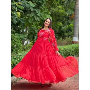 Vestido Largo Rojo para Mujer, Manga Larga, Estampado Floral, Vestido de Fiesta - Product Image 4