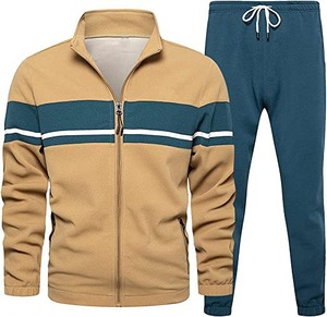 Men Tracksuit Set Color Blocking Full Zip Jacket With Drawstring Pants Casual Summer Wear Breathable Polyester Cotton Material - Product Image 1