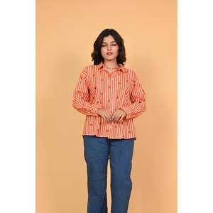 Chemisier pour femme à rayures orange et blanches avec imprimé cœur, en coton, boutonné, à manches longues, style décontracté, haut mignon style Saint-Valentin - Product Image 5