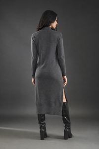 Women's Crew Neck Woolen Casual Maxi Knit <b>Dress</b> Solid Pattern Long Sleeve Winter A-Line Silhouette - Product Image 2