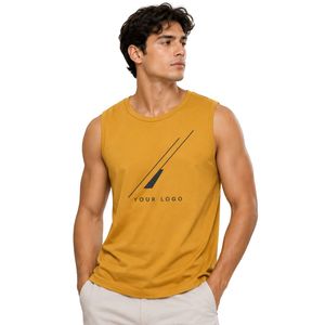 Mustard <b>Yellow</b> Sleeveless Tank <b>Top</b> With Minimal Logo Print Design Men Custom Cotton <b>Vest</b> Round Neck Summer Casual Streetwear - Product Image 1