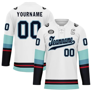 เสื้อฮอกกี้แบบกำหนดเอง OEM ขายส่งจากผู้ผลิตในสหรัฐอเมริกา ชุดฮอกกี้น้ำแข็งแบบสั่งทำพิเศษ พิมพ์ลายแบบ Sublimation ปักโลโก้ จำนวนมาก 100% - Product Image 1