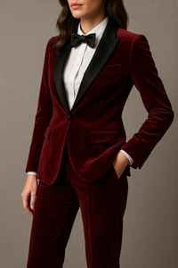 Costume de smoking en velours rouge pour femme, ensemble blazer et pantalon en velours de luxe, tenue de soirée formelle, invité de mariage - Product Image 3