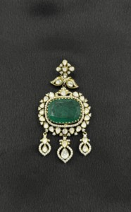 Luxury 925 Sterling <b>Silver</b> <b>Brooch</b> with Emerald Green Stone Antique Gold Polish Polki Style Traditional Indian Bridal Jewelry Who - Product Image 3