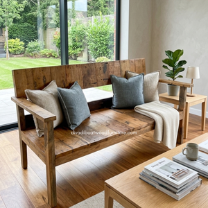 Canapé long rustique artisanal en bois de bateau recyclé, démontable, couleur naturelle, écologique, pour intérieur/extérieur, hôtel, maison, villa - Product Image 5