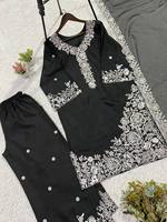 TENNECY Ensemble de soirée pour femme en crêpe de soie avec broderie à sequins, réversible, extensible, infroissable, longueur ras du sol, comprenant un haut de travail, un pantalon palazzo et un dupatta