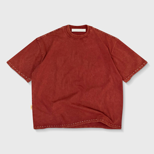 Regular Fit Red 100% Cotton Acid Wash T-Shirt <b>Men's</b> Short Sleeve <b>Turtleneck</b> Drop Shoulder Rhinestone Work Front Hip Hop - Product Image 6