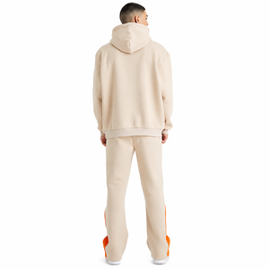 Men's Beige Hooded Tracksuit Solid Color Full-Length Sleeves Loose Fit 100% Cotton Casual Autumn Wear With Orange Side Stripes - Product Image 2