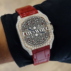 Rose Gold Tone Moissanite Diamond Unisex Red Leather Strap <b>Arabic</b> Dial Luxury Fashion Analog Mechanical Wrist <b>Watch</b> Stainless - Product Image 1